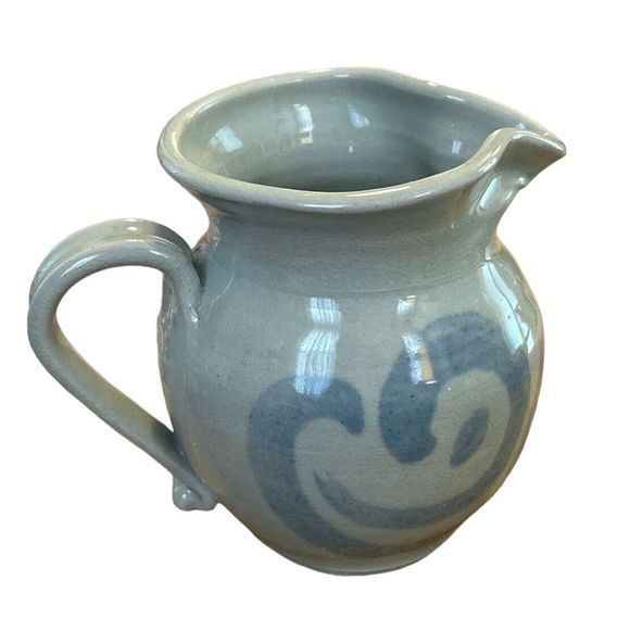 Light Gray Glazed Pottery Pitcher with Abstract Design - Picture 4 of 8